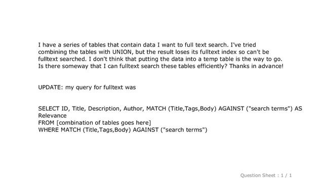 MySQL : MySQL full text search across multiple tables смотреть онлайн