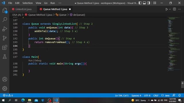[Java] Queue: Method 3 (Implementation by inheriting singly linked list) смотреть онлайн