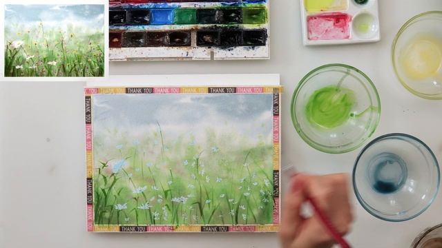 How to paint simple flowers meadow in watercolors - step by step tutorial for beginners смотреть онлайн