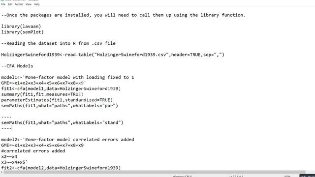 Using Lavaan and semPlot in R for Confirmatory factor analysis (video 1; cfa function) смотреть онлайн