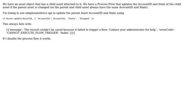Salesforce: Using Python API to Update Assets fails with CANNOT_EXECUTE_FLOW_TRIGGER смотреть онлайн