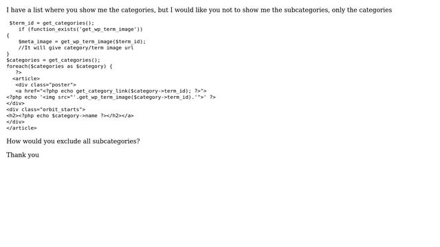 Wordpress: How to show a list of only categories (exclude subcategories)? смотреть онлайн