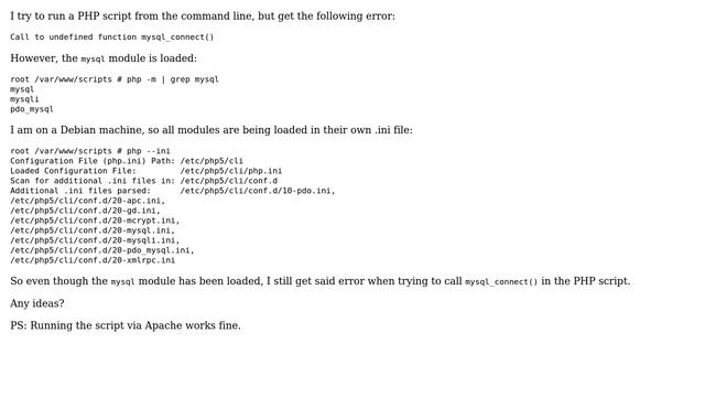 PHP CLI: Call to undefined function mysql_connect() even with mysql module enabled смотреть онлайн