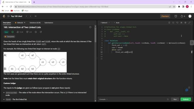 Leetcode - 160 Intersection of Two Linked Lists | Two Pointer | Hashset | Stack | Python смотреть онлайн