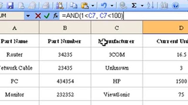 Microsoft Office Excel 2003 AND Function