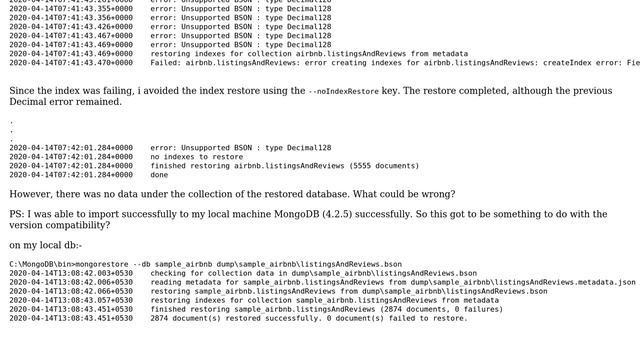 Restoring from MongoDB Atlas (4.2.5) to DocumentDB (3.6) do no succeed due to error "Unsupported... смотреть онлайн