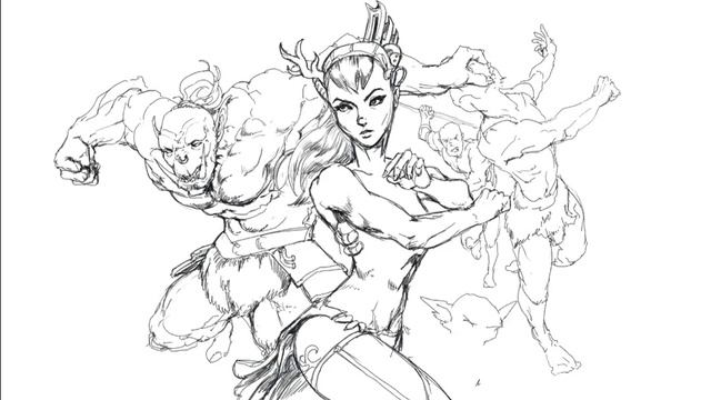Pencil sketch, orc, elf, goblin vs barbarians. смотреть онлайн