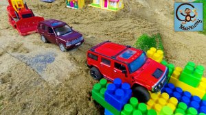 Машинки игрушки - Бульдозер, Самосвал и Погрузчик строят мост.