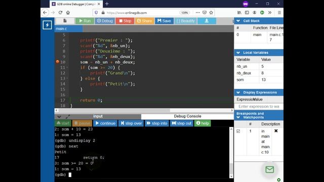Langage C - Examiner des variables avec onlinegdb смотреть онлайн