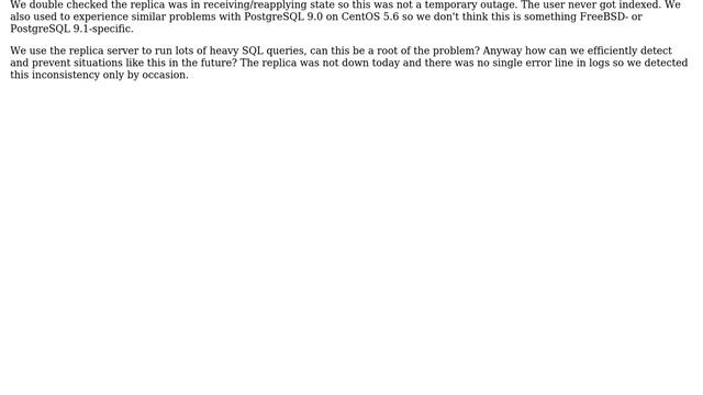Databases: PostgreSQL 9.1 streaming replication problem: replica fails to use an index properly смотреть онлайн