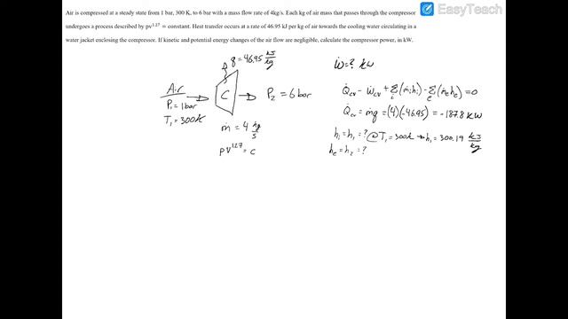 Air is compressed at a steady state from 1 bar, 300 K, to 6 bar with a mass flow rate of 4kg/s. смотреть онлайн