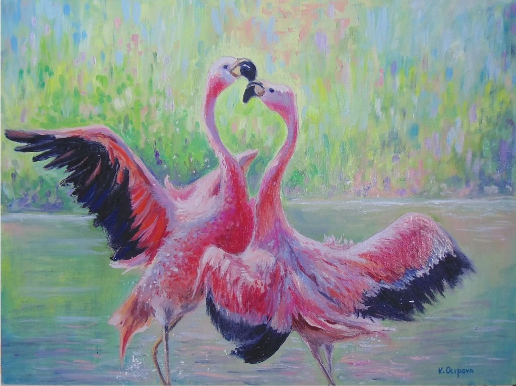 Обзор картины Танец любви.Розовые фламинго. Картина маслом смотреть онлайн