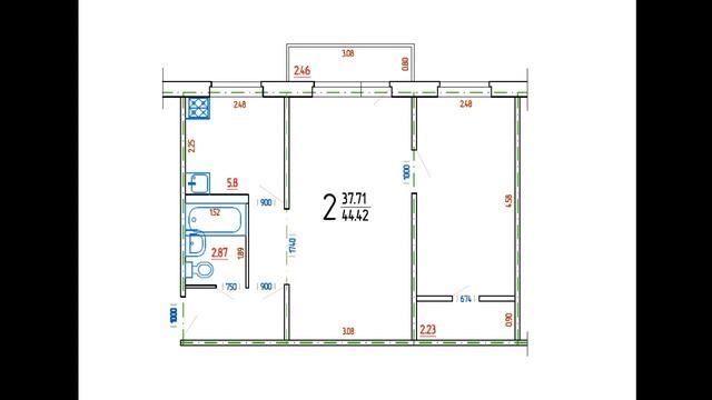 2-комнатная квартира, серия 1-464, хрущевка, линейная квартира, план с точными размерами стен. смотреть онлайн