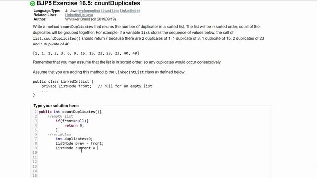 Java Practice-It || 16.5 countDuplicates (pt.1) || implementing, ListNodes, LinkedLists смотреть онлайн