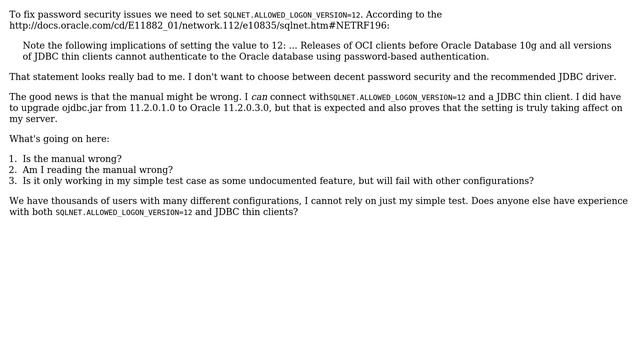 Databases: SQLNET.ALLOWED_LOGON_VERSION=12 and JDBC thin client смотреть онлайн