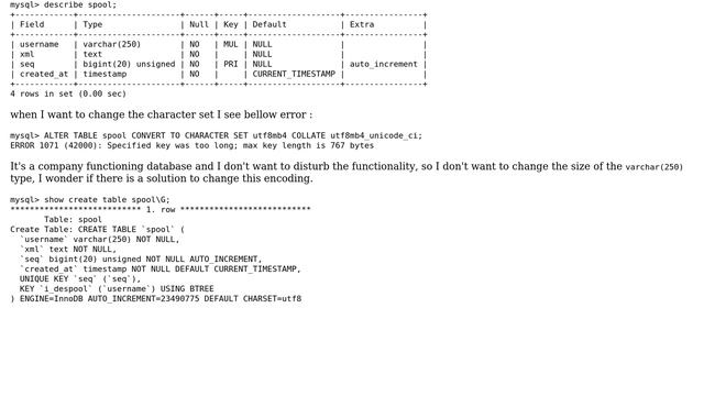 Databases: ERROR 1071 (42000): Specified key was too long; max key length is 767 bytes смотреть онлайн