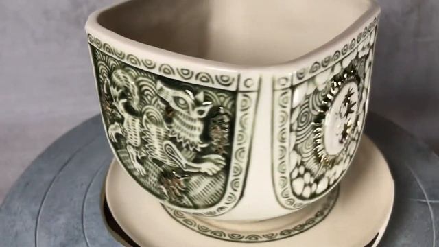 Чашка с блюдцем "Собачка", зеленая глазурь смотреть онлайн
