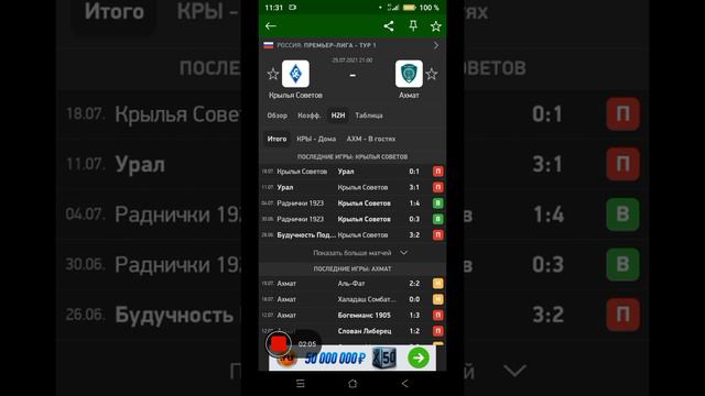 КРЫЛЬЯ СОВЕТОВ-АХМАТ/ДВА ПРОГНОЗА НА РПЛ/КЭФЫ 1.61 И 1.8/25.07.2021