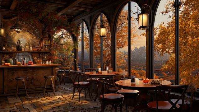 Autumn Coffee Shop Ambience With Rain On Window & Bossa Nova Music