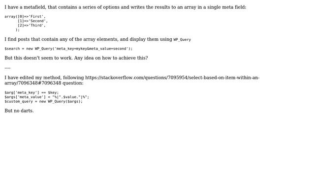 Wordpress: Finding posts containing matching array elements in a meta field usign WP_Query смотреть онлайн