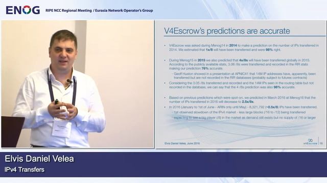 ENOG 11: Передача IPv4 - Элвис Даниэль Велеа, V4Escrow (RU) смотреть онлайн