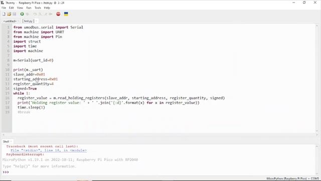 Read holding registers from RS485 Modbus RTU by Raspberry Pi Pico Micro Python смотреть онлайн