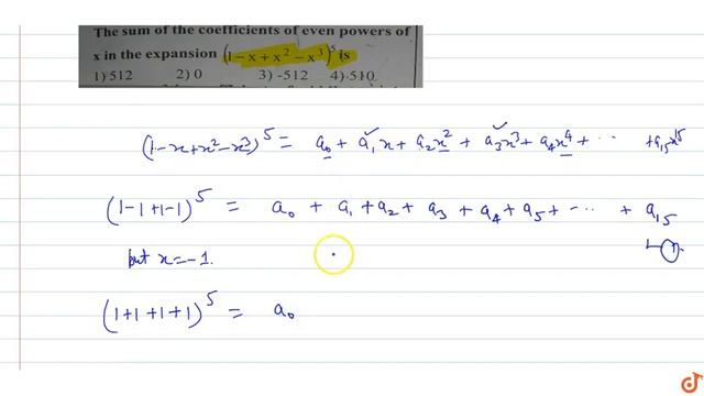 The sum of the coefficients of even powers of x in the expansion `(1-x+x^2-x^3)^5` is смотреть онлайн
