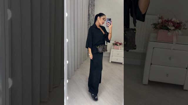 Женский костюм рубашка и широкие брюки жатый шелк черный смотреть онлайн