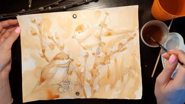 Птицы на вербе рисование чаем и кофе смотреть онлайн