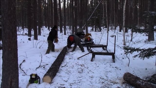 Hauling Logs Home With Our Snowmobile To Mill 16 Foot Lumber смотреть онлайн