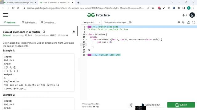 Sum of elements in a matrix || GFG Coding || 100% Test Cases Passed || gorakhcodes смотреть онлайн