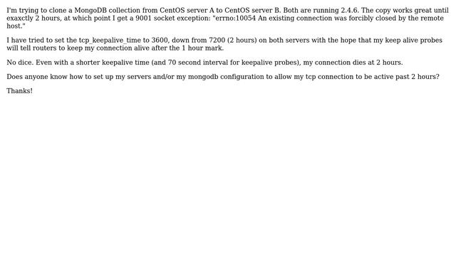 MongoDB cloneCollection between Azure hosted CentOS servers times out at 2 hours смотреть онлайн