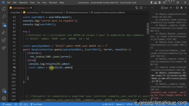 JavaScript482-Node.js-Suppression des commentaires par l'ADMIN-Modification du controller смотреть онлайн