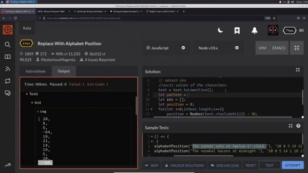 CodeWars: Replacing alphabets with their position - Solving using JavaScript