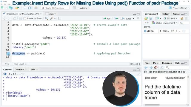 Insert Rows for Missing Dates in R (Example) | Add Empty Row | as.Date & pad Function [padr Package смотреть онлайн