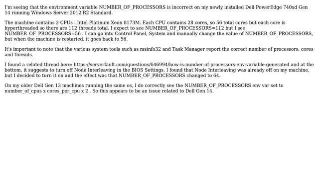 NUMBER_OF_PROCESSORS env var incorrect on Dell PowerEdge Gen14 With Windows Server 2012 R2 смотреть онлайн