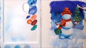 КАК НАРИСОВАТЬ СНЕГОВИКА КРАСКАМИ.РИСУЕМ СНЕГОВИКА. КАК НАРИСОВАТЬ НОВОГОДНЮЮ ОТКРЫТКУ.РИСУЕМ ГУАШЬ