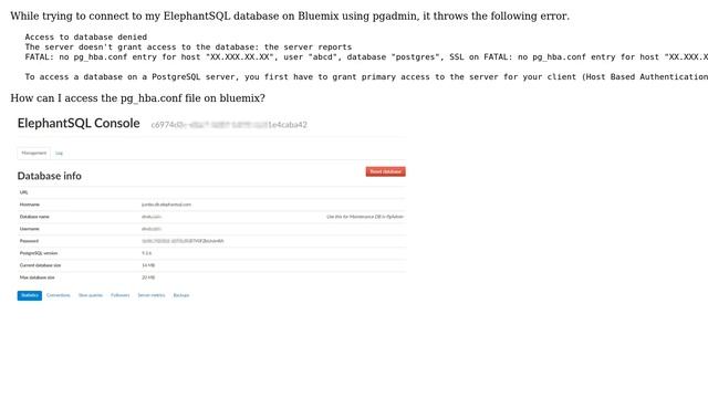 Access to database denied :ELEPHANTSQL on Bluemix - "No pg_hba.conf entry for host localhost,... смотреть онлайн