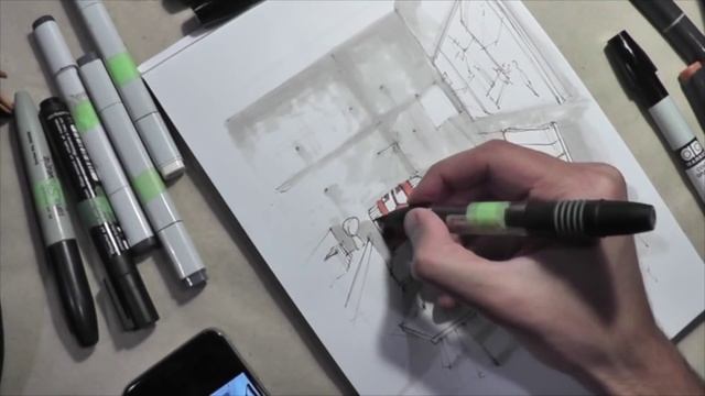 Интерьерный эскиз. Эскиз в стиле лофт. смотреть онлайн