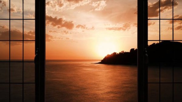 4K island sea during sunset window view - Relaxing, Calming, Ambience, white noi