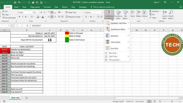 TECH-016 - Create a countdown calendar and combine it with conditional formatting for each task смотреть онлайн