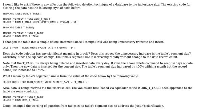 Oracle delete technique for table's segment size (data compactness) смотреть онлайн