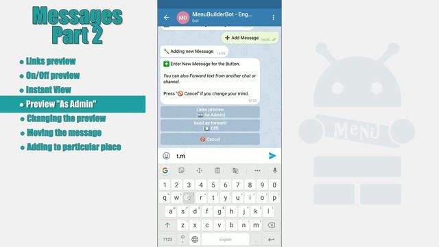 Menu Builder [EN] - 05 - Messages in bot (part 2) [Bots Constructor Telegram] смотреть онлайн