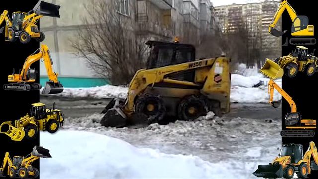 Экскаватор-погрузчик чистит снег и встает на ковш! Backhoe loader gets on the bucket! смотреть онлайн