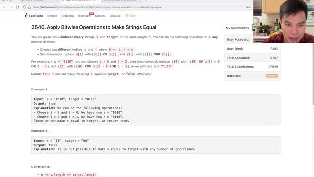 2546. Apply Bitwise Operations to Make Strings Equal (Leetcode Medium) смотреть онлайн