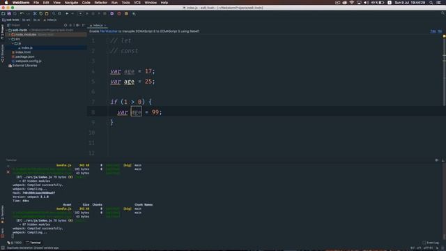 ECMAScript 6. Урок 2. Особенности объявления переменных в ES 6. Let, const, деструктуризация. смотреть онлайн