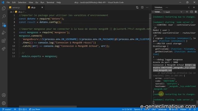 JavaScript201-Node.js-Web API-Affichage de l'erreur si la connexion à MongoDB Atlas échoue смотреть онлайн