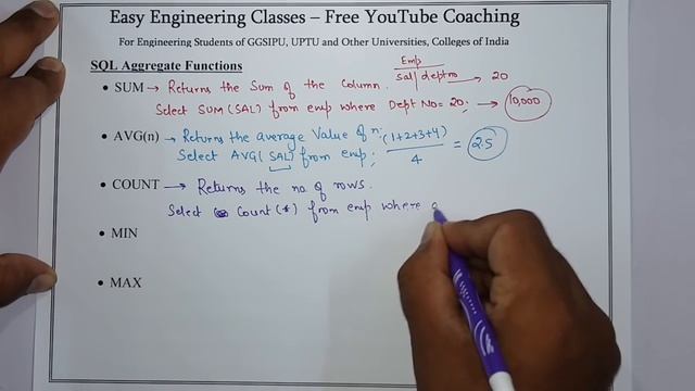 L87: SQL Aggregate Functions - SUM, AVG(n), COUNT, MIN, MAX Functions with Example | DBMS in Hindi смотреть онлайн