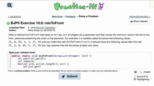 Java Practice It | Exercise 10.6: minToFront | ArrayList, collections, array list смотреть онлайн