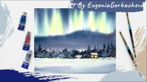 Как нарисовать Северное сияние акварелью | Акварельная картина "Снежный лес" | Демо